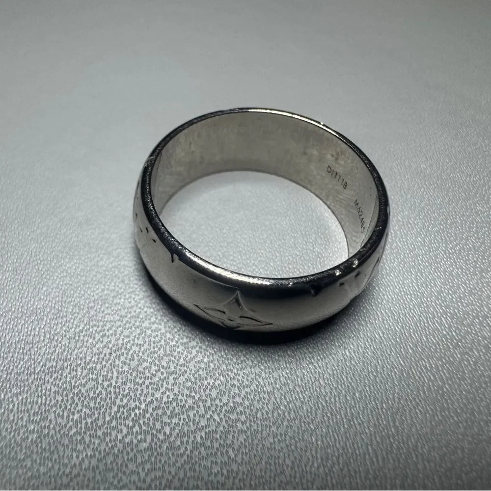 Louis Vuitton Silver Monogram & Fleur-De-Lis Ring M62485 Band Ring Auth